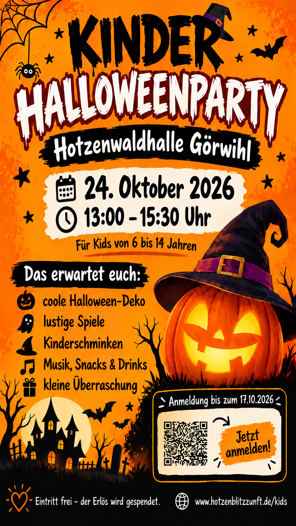 Kinder-Halloweenparty am 24. Oktober 2026 von 13:00 bis 15:30 Uhr